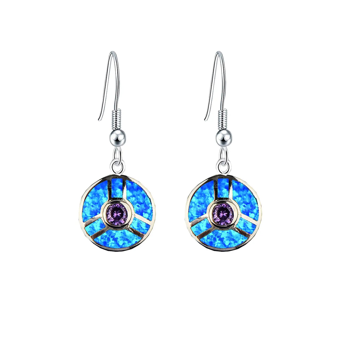 Stained-Glass Style Opal Drop Earrings - Blue Fire Opal & Amethyst Center | Artistic Daily Jewelry Bulk Gifts
