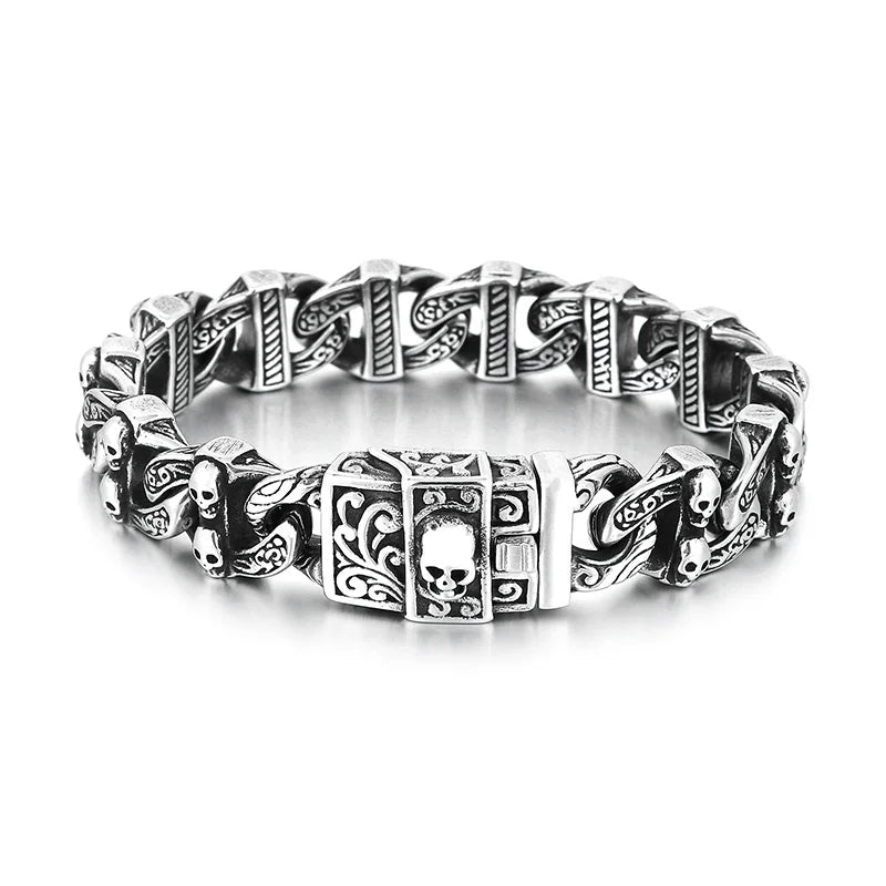 KALEN 220mm Men Punk Stainless Steel Skull Pattern Clasp&Links Bracelet