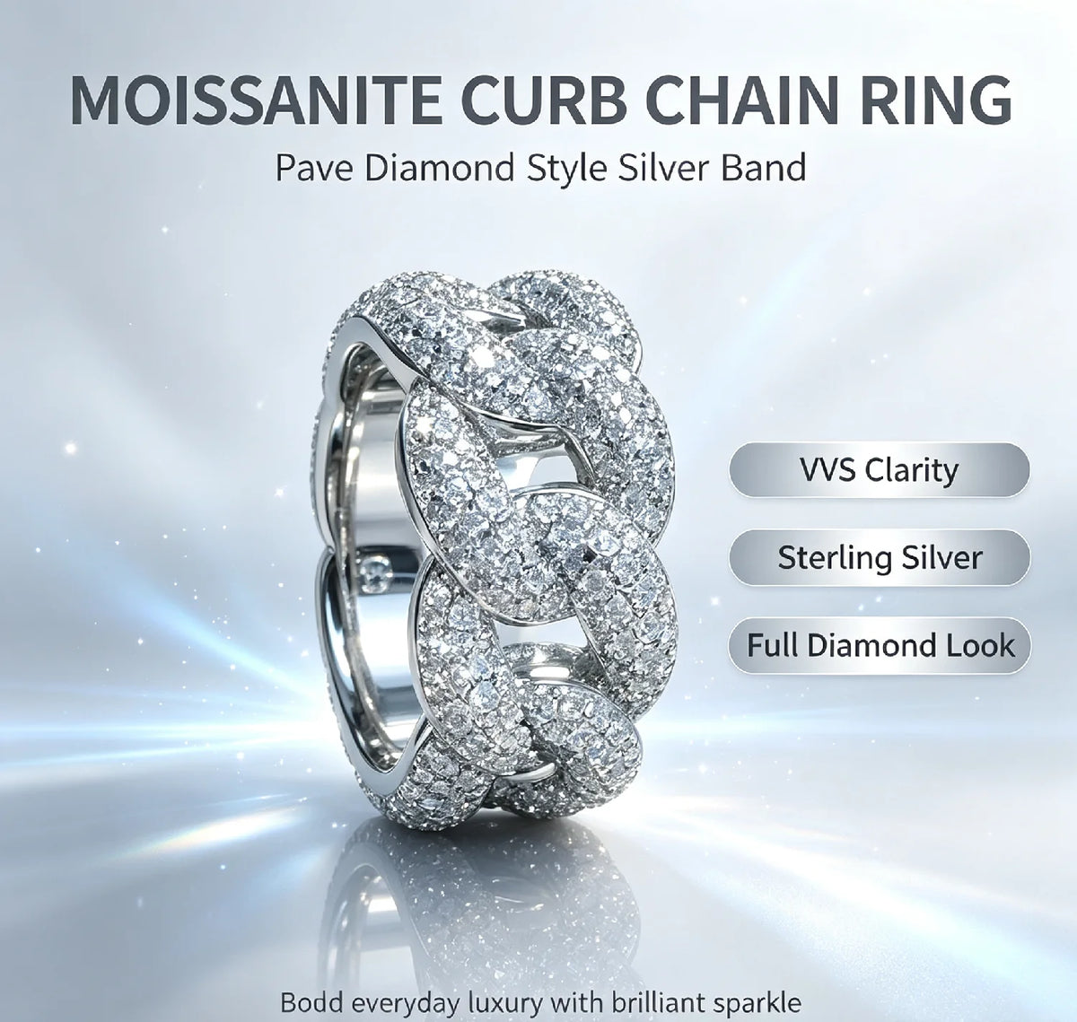 ArtistA Twisted Four-Row Heavy-studded Cuban-link Ring Copper Inlaid Moissanite Unisex Hip-hop Jewelry