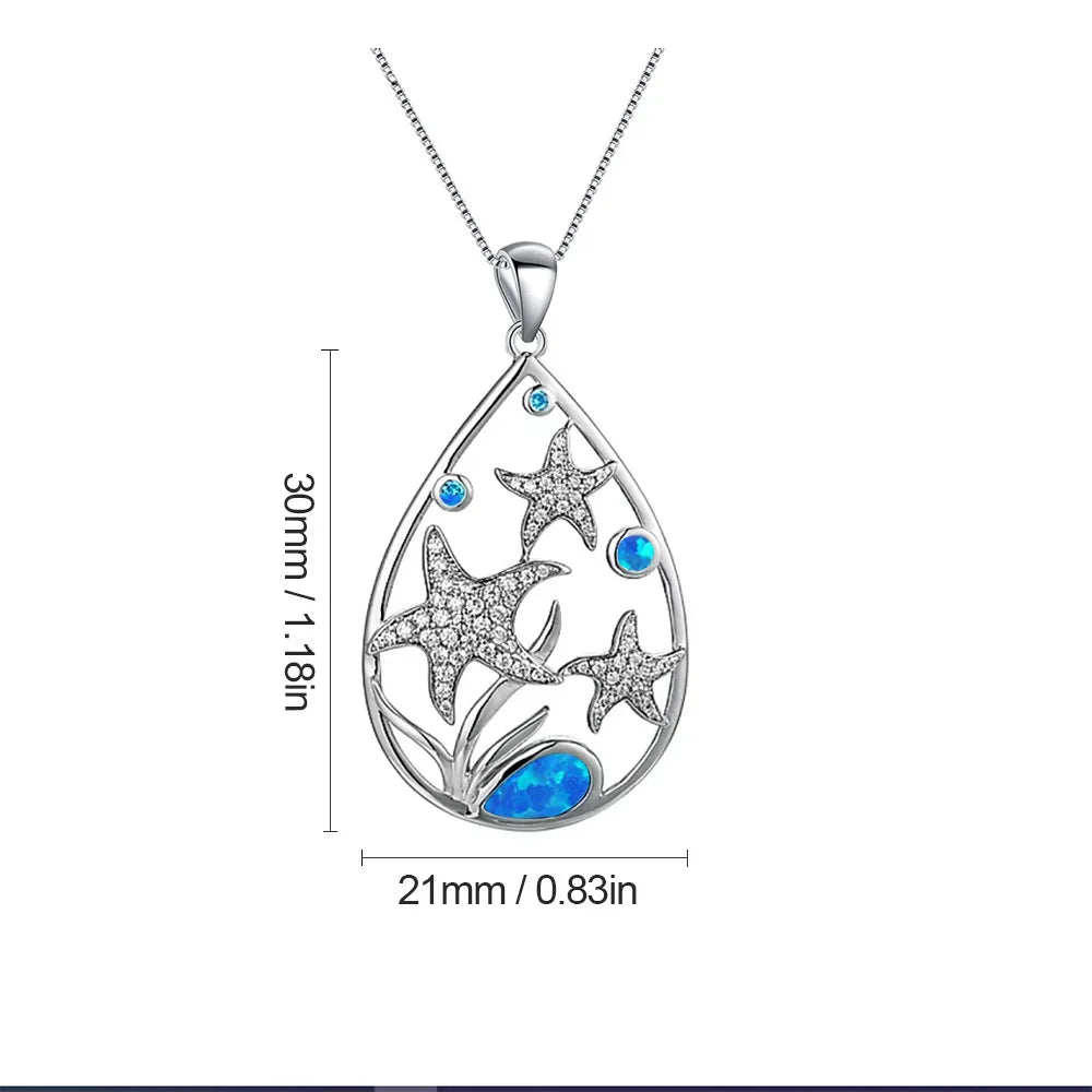 Opal Simple Necklace for Women Fashionable Style Blue Starfish Three Treasures Pendant Opal Necklace