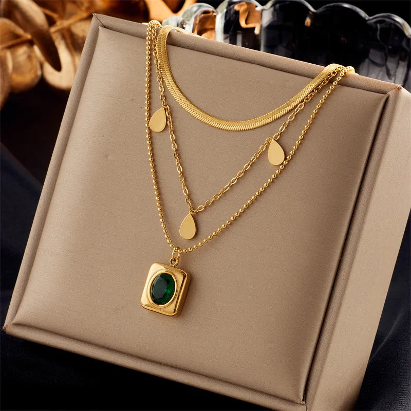 Gold Multi-Layer Chain & Green Crystal Necklace & Earrings Jewellery Set | Dramatic Luxury Set