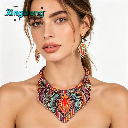 XM S120 Boho Multicolor Brass Zircon Jewelry Set for Women Vintage Flower Pattern Wedding Necklace and Earrings