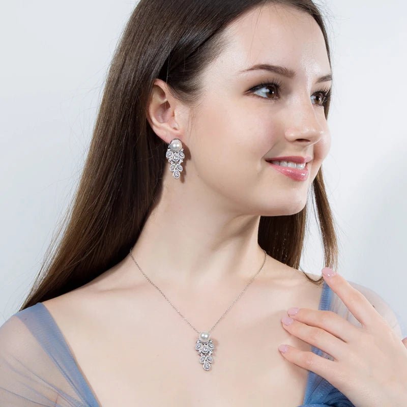 Fashion Brand Long Feather CZ Crystal Silver Plated Simulated Pearl Dangle Earrings and Chain Necklace Jewelry Sets for Women