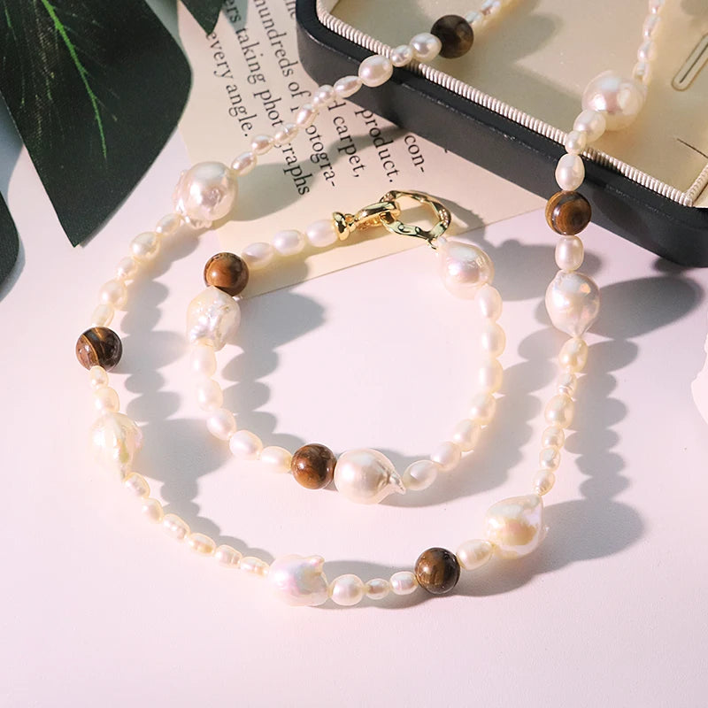 GLSEEVO Natural Freshwater Pearl & Tiger Eye Stone 2-Piece Jewellery Set — Necklace & Bracelet