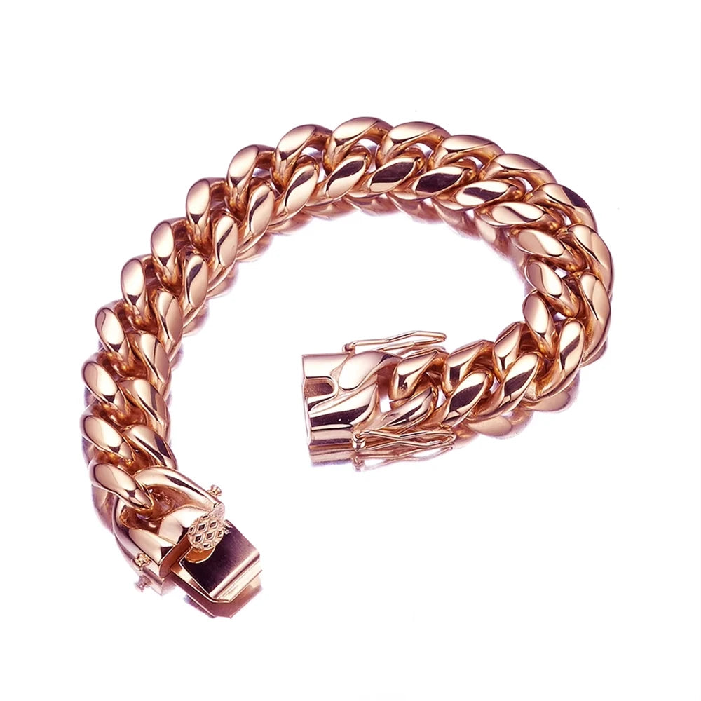 14mm Rose Gold Cuban Necklace for Men Titanium Steel Stainless Encryption Chain European American Hop Style