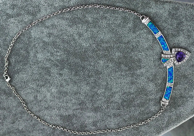 Aobao Silver Plated Copper Alloy Minimalist Geometric Opal Sweater Chain Necklace