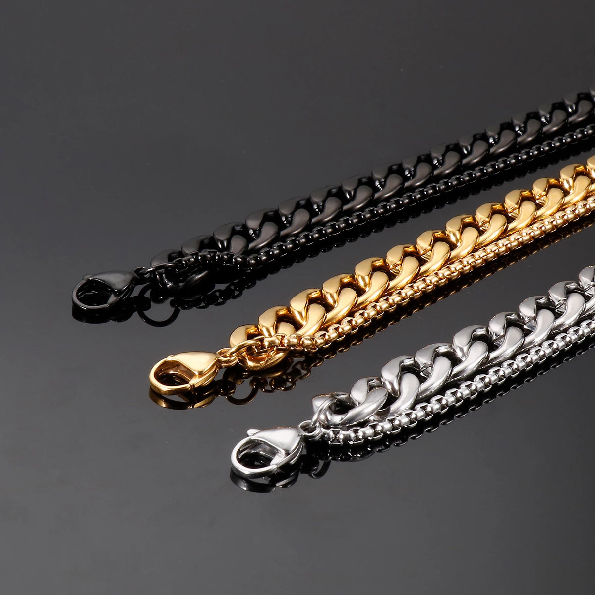 VIKING Double Chain Bracelet – 316L Stainless Steel Men's Multi-Finish Bangle