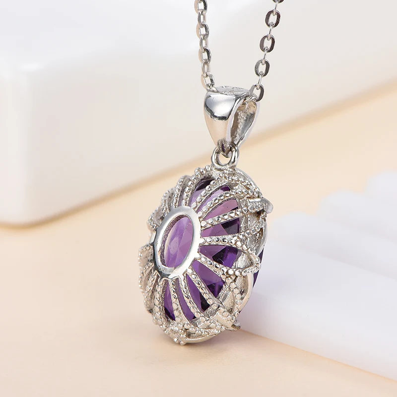 Gioiellieri Natural Amethyst Oval Cut Claw Setting Rhodium Plated 925 Sterling Silver Luxury Customized Women's Solitaire Pendant Necklace