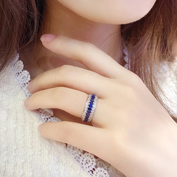 Gemfiori Vivid Blue Lab Grown Sapphire Eternity Band 100% Sterling Silver Ring for Gift Party Jewelry