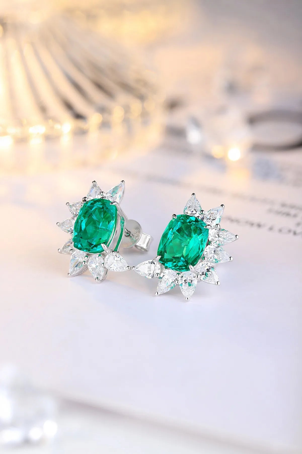 Gemfiori S925 Silver Lab-Grown Diamond Zambian Emerald Trendy Drop Earrings for Wedding & Party