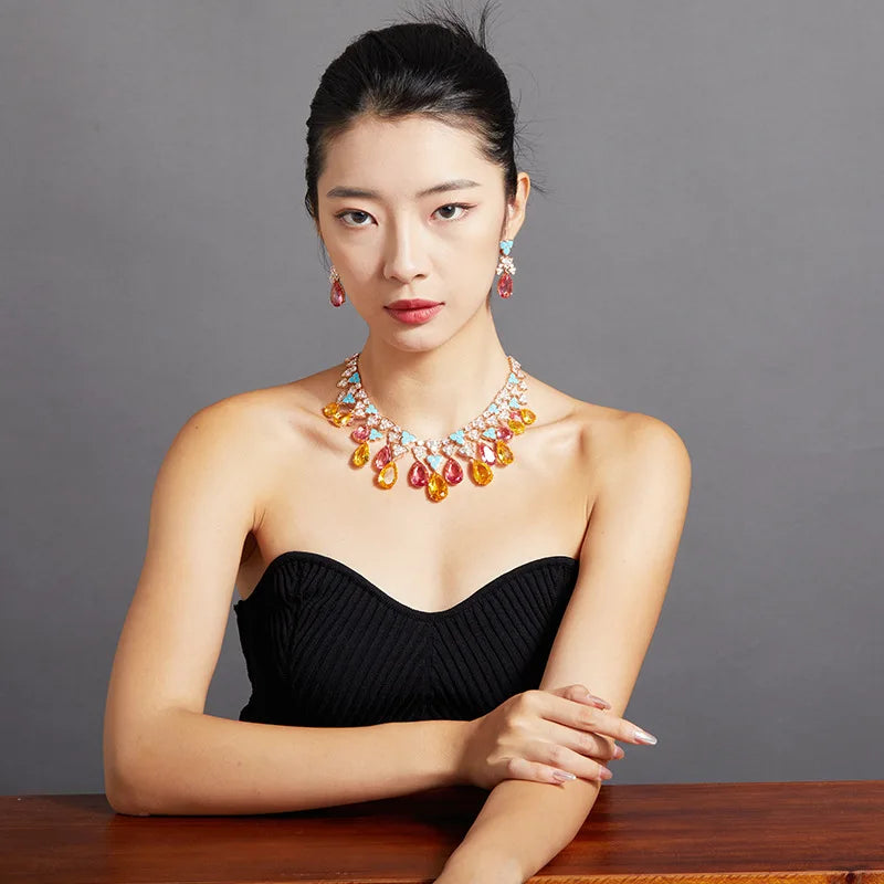 Luxury Full-Paved Pear-Cut Morganite Pink Zirconia Floral Pendant Necklace & Earrings Bridal Set — Gold Plated