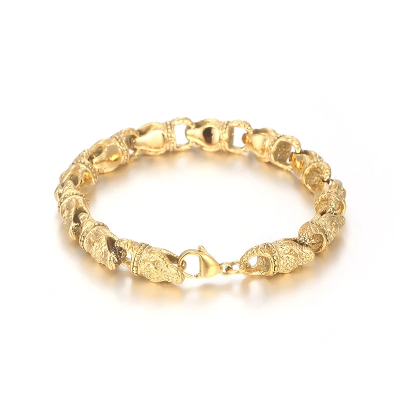 REBEL 220mm Men Punk Silver/Gold Stainless Steel Snake Head Links Bracelet