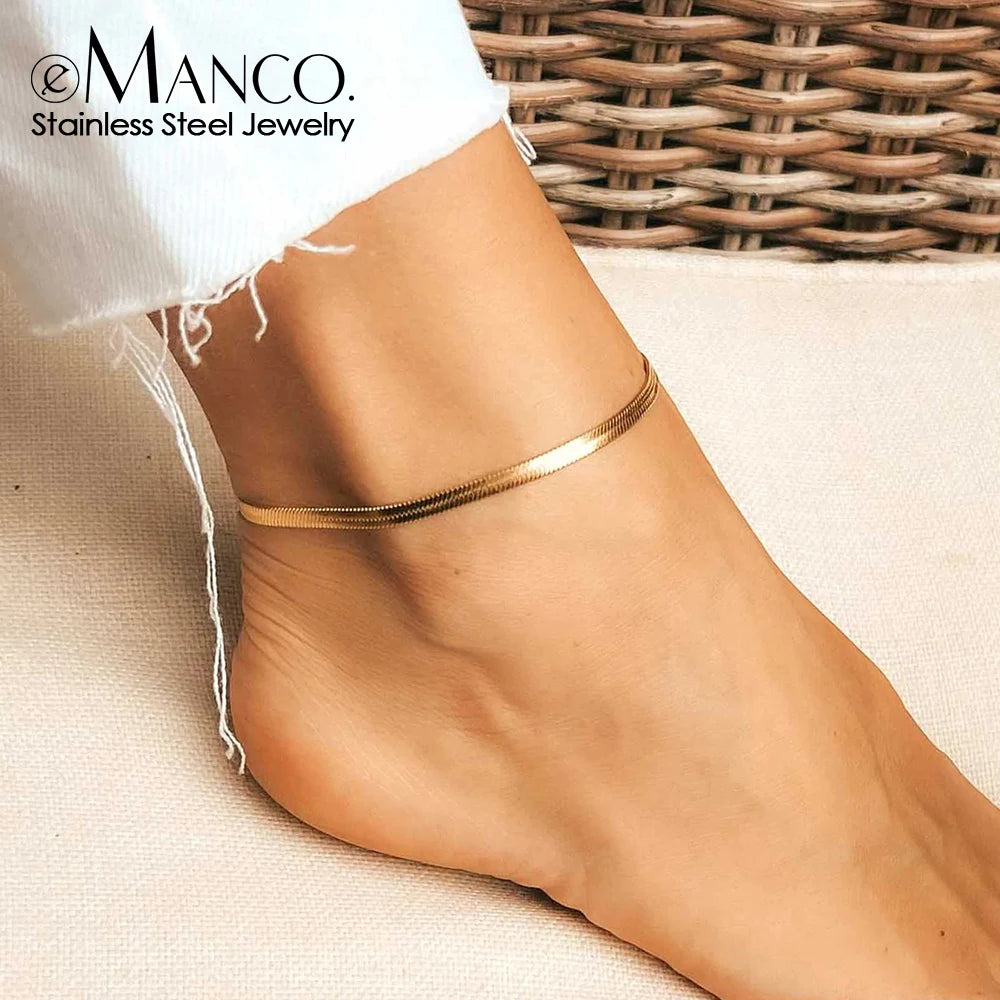 eManco 4MM Gold Snake Chain Classic Anklet Womens Girls Beach Engagement Jewelry Stainless Steel Gift Non-Allergenic