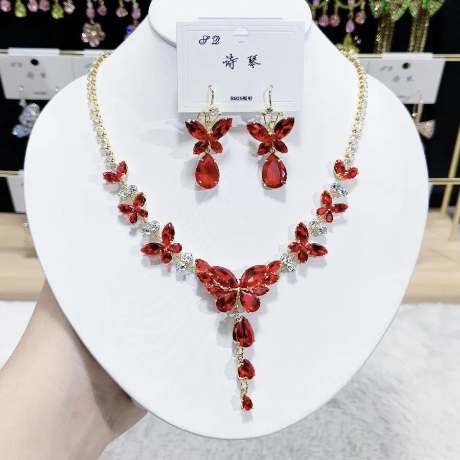 K089 Hot Selling Women Trendy Luxurious Zircon Butterfly Bridal Necklace Earrings Set Wedding Elegant Jewelry Set