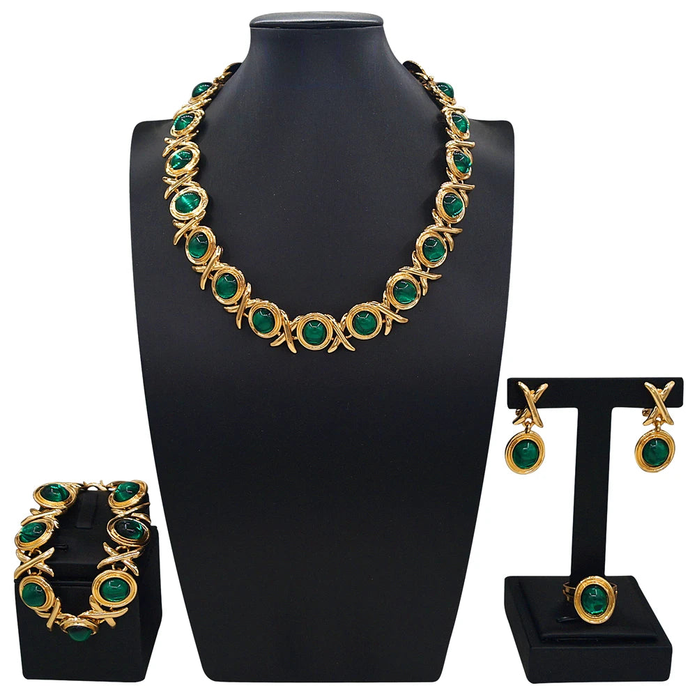 Zhuerrui Classic and Fashionable XO Women's Jewelry Set, High-end Emerald, Elegant and Romantic African Couple JewelryX0305