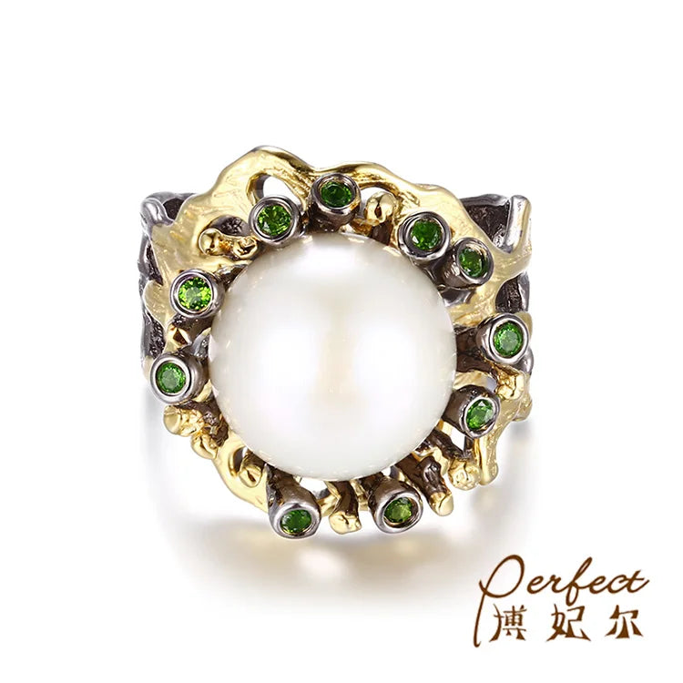 Perfect Baroque Button Pearl 925 Sterling Silver Jewelry Black Ring