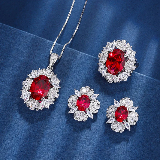 Gemfiori New Jewelry Pomegranate Red Sunflower Pendant Jewelry Hot Selling Zircon Ring Earring Set Holiday Gift