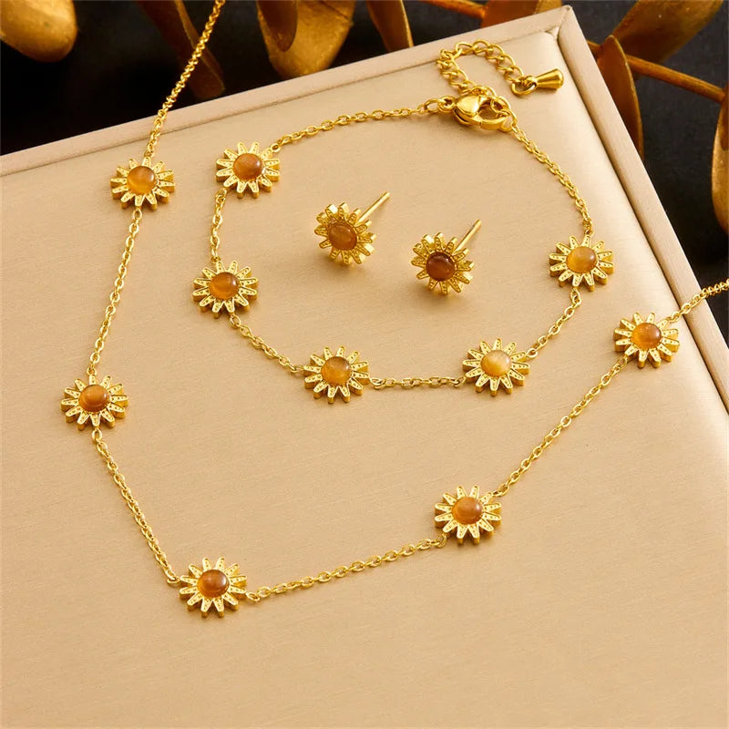 Gold Sunflower Necklace, Earrings & Bracelet Jewellery Set | Joyful Luxury Fashion Set