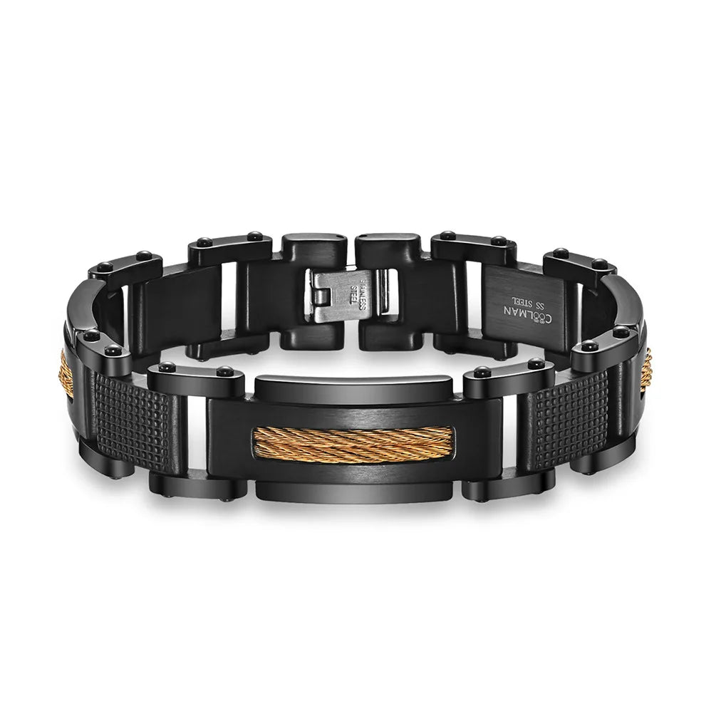 REBEL Men's Stainless Steel Black Zinc Plated Two-Tone Geometric Chain & Link Bracelet for Anniversary