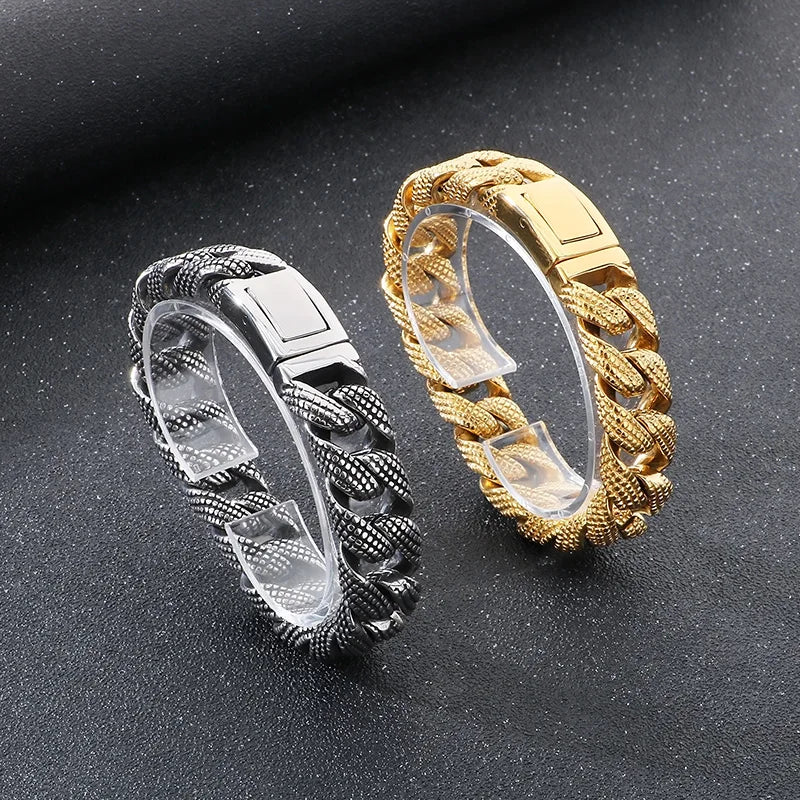 KALEN Gothic Fine Jewelry Fashion Bracelets Men Stainless Steel Tire Mark Cuban Links Bracelet Bangle