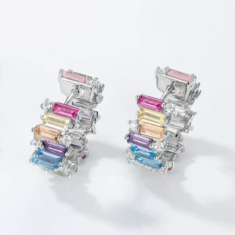 Gemfiori Irregular Geometry Color Zirconia Necklace S925 Silver Set Rainbow Zirconia Earrings Simple Fashion Set