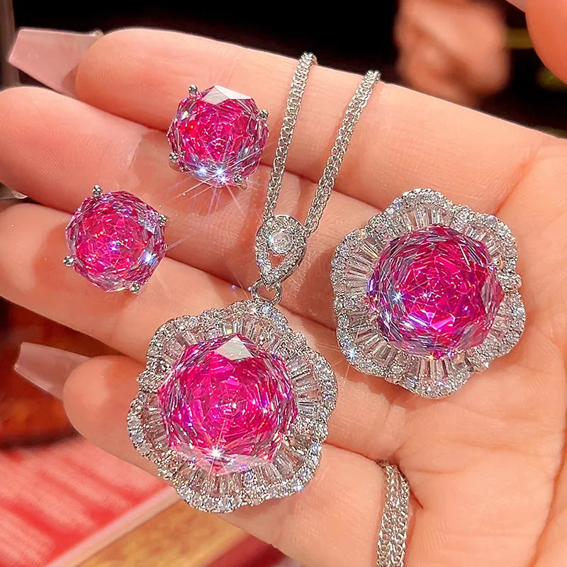 Gemfiori Fashionable Luxury Jewelry Rose Red Zircon Pendant New Exquisite Temperament and High-end Feeling Set
