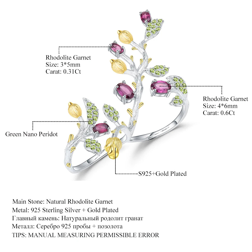 ArtistA Abiding Dainty 925 Silver Natural Rhodolite Garnet Smoky Quartz Amethyst Plant Branch Leaf Earrings Open Double Finger Ring Set