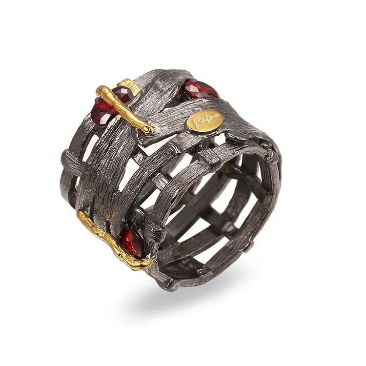 Handmade Garnet Stone Lone Finger 925 Sterling Silver Ring with Black Gold Plated