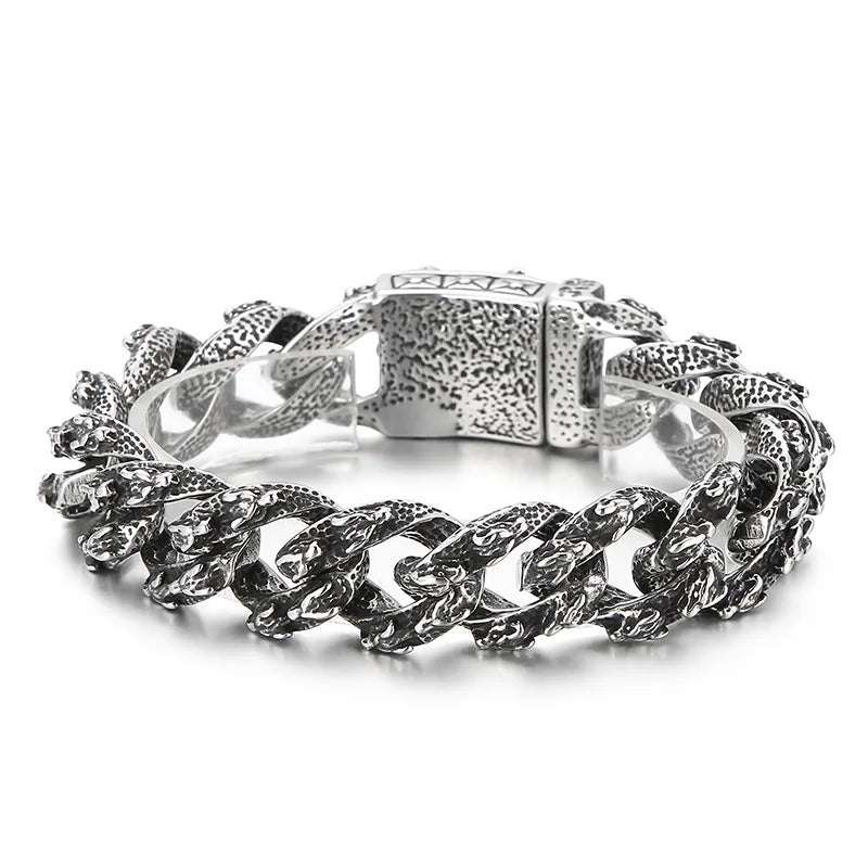 VIKING Mens Punk Wolf Pattern Link Bracelet – Silver Stainless Steel