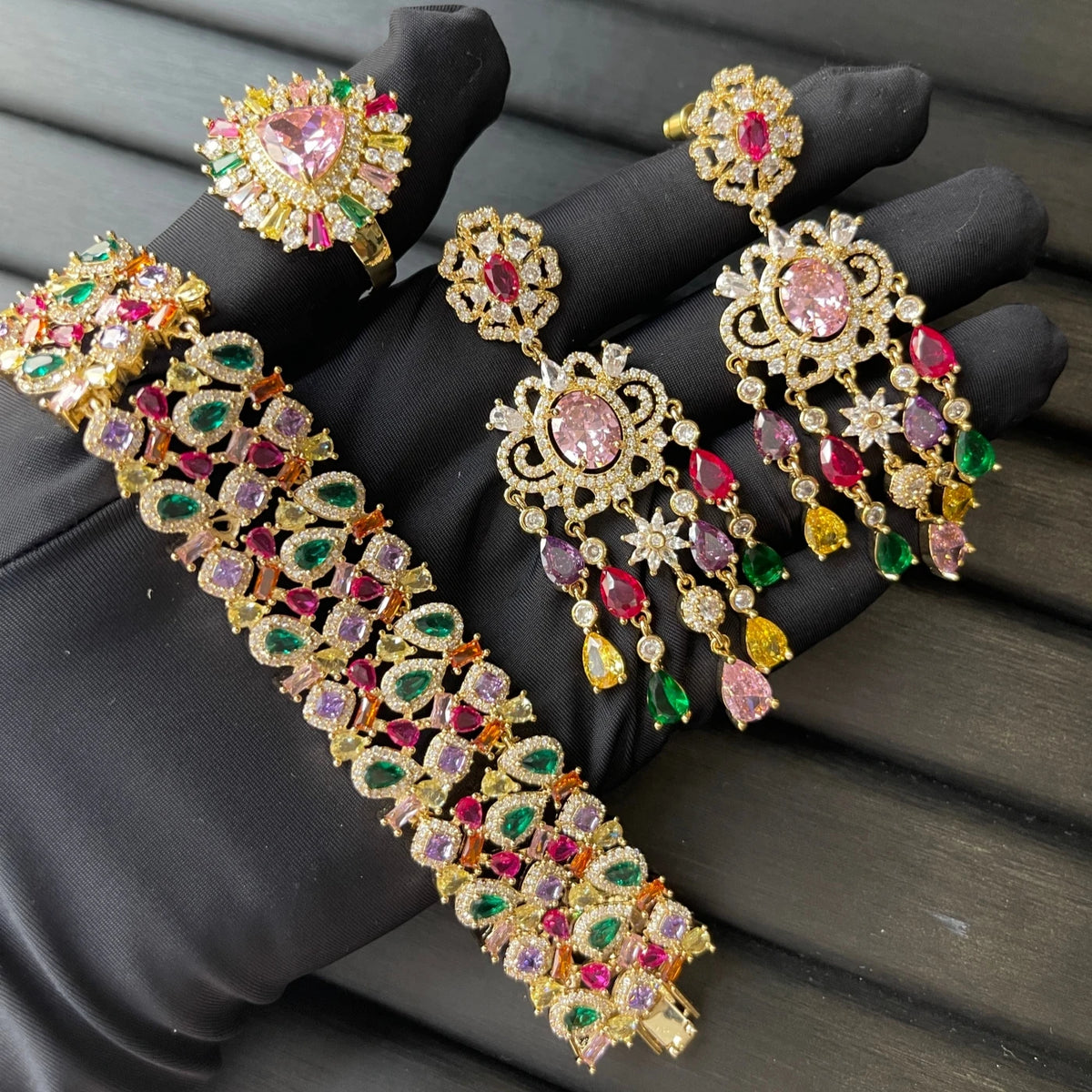 XOTICA TIANSHE Indian Luxury Colorful Zircon Jewelry Set Gold Plated Wide Bracelet Long Tassel Drop Earrings & Flower Ring