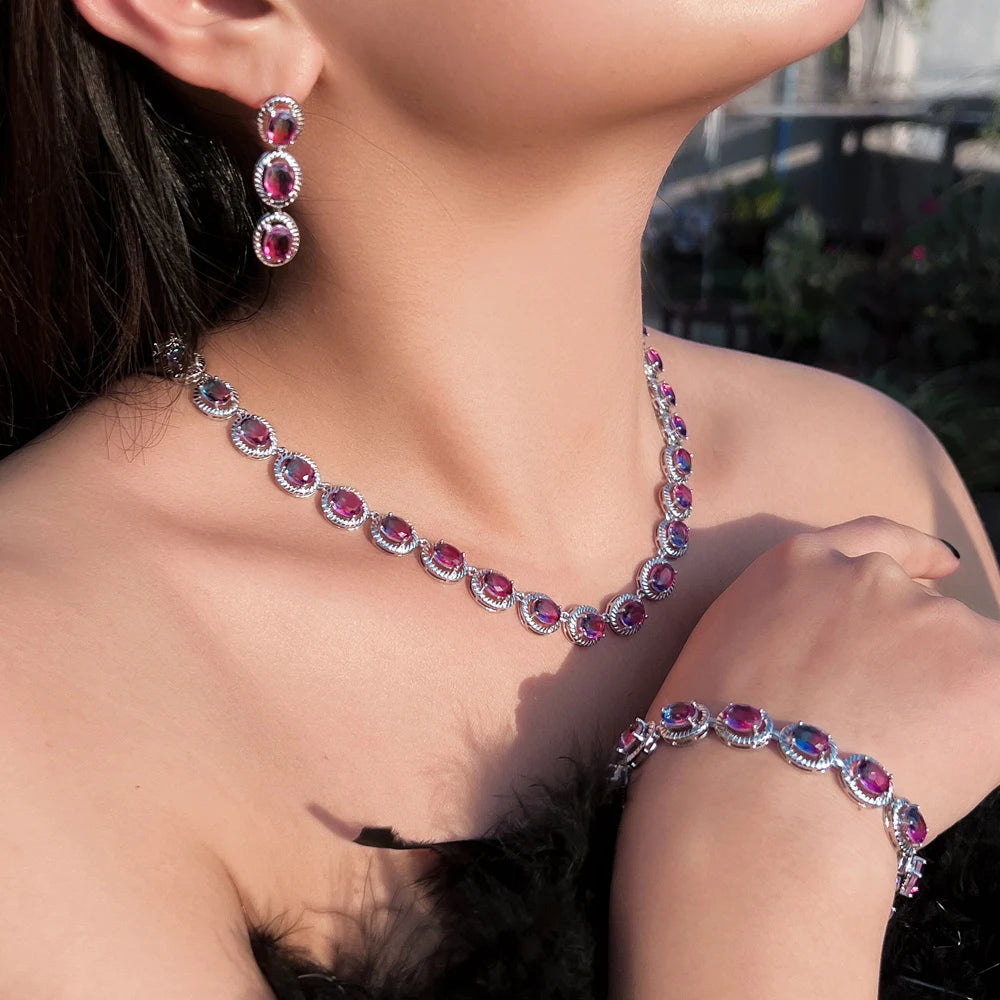 3 Pcs Elegant Rainbow Cubic Zirconia Topaz Oval Drop Earrings Necklace and Bracelet Set Jewelry Gift for Ladies Party Bridesmaid