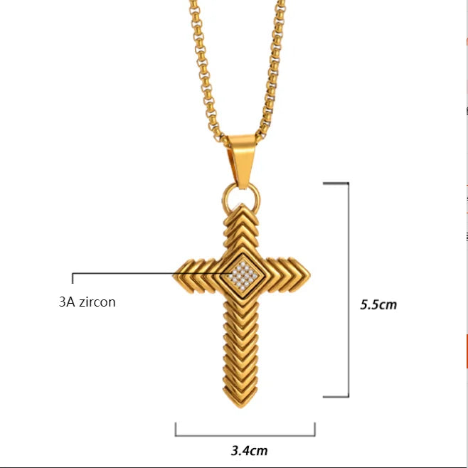 REBEL Pvd Gold Black Silver Metal Color Plated Hip Hop 316 Stainless Steel with Bling Zircon Striped Cross Pendant Necklace
