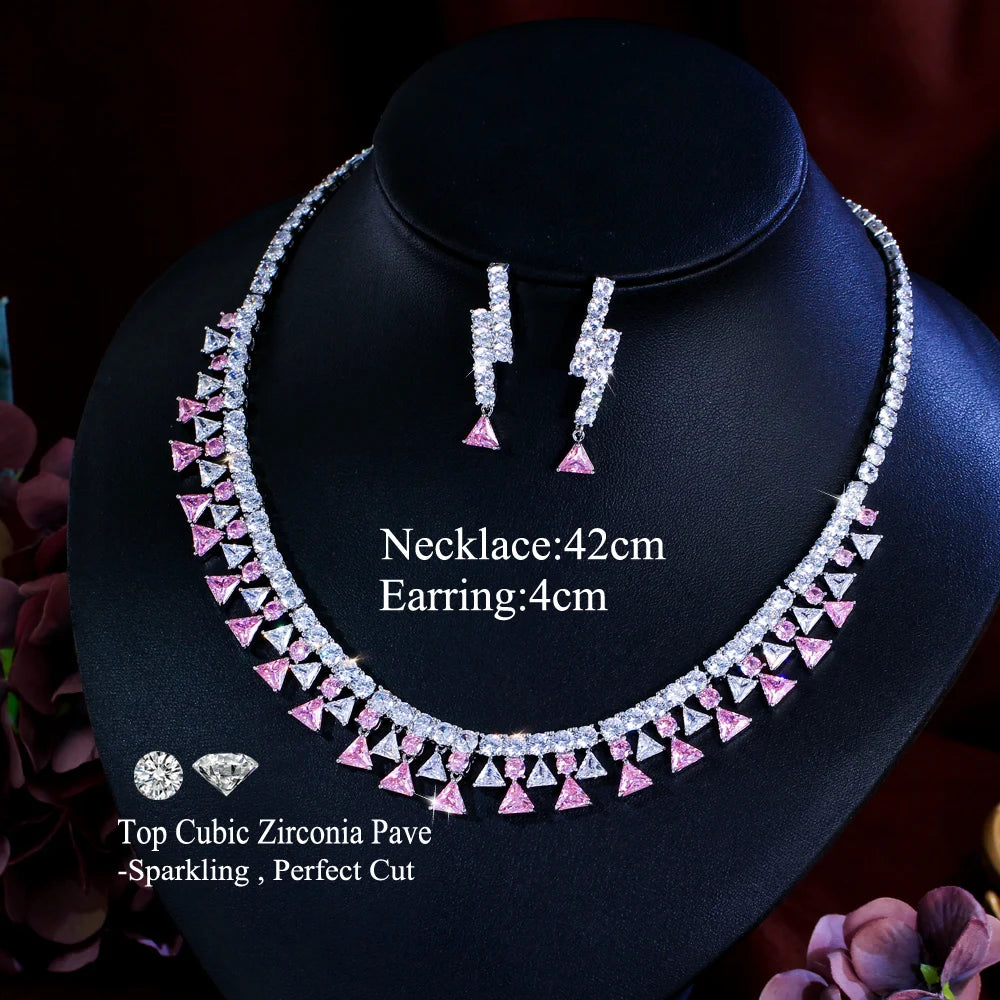 Shinning Triangle Shape Cubic Zirconia White and Pink Luxury Jewelry Set for Women Gathering Party Necklace and Earrings Set