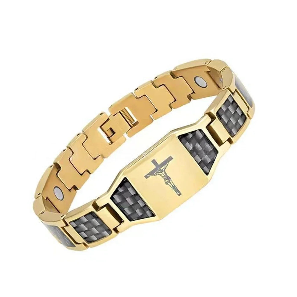 REBEL Black Stainless Steel Magnetic Therapy Link Bracelet with Carbon Fiber Inlay and Masonic Square & Compass Engraved Plate for Men