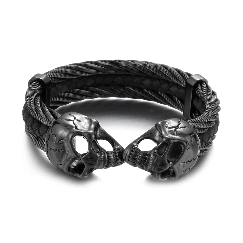 REBEL Punk Silver/Gold/Black/Grey Stainless Steel&Double Skin Skull Cuff Bangle Bracelet