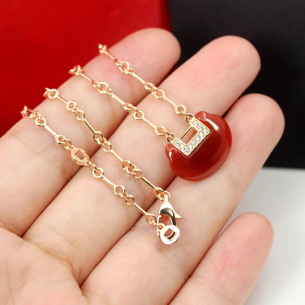 China Ruyi Lock Necklace Bracelet Women's Fashion Jewelry Retro Light Luxury Brass Material Red Agate Manufacturer Direct Sales
