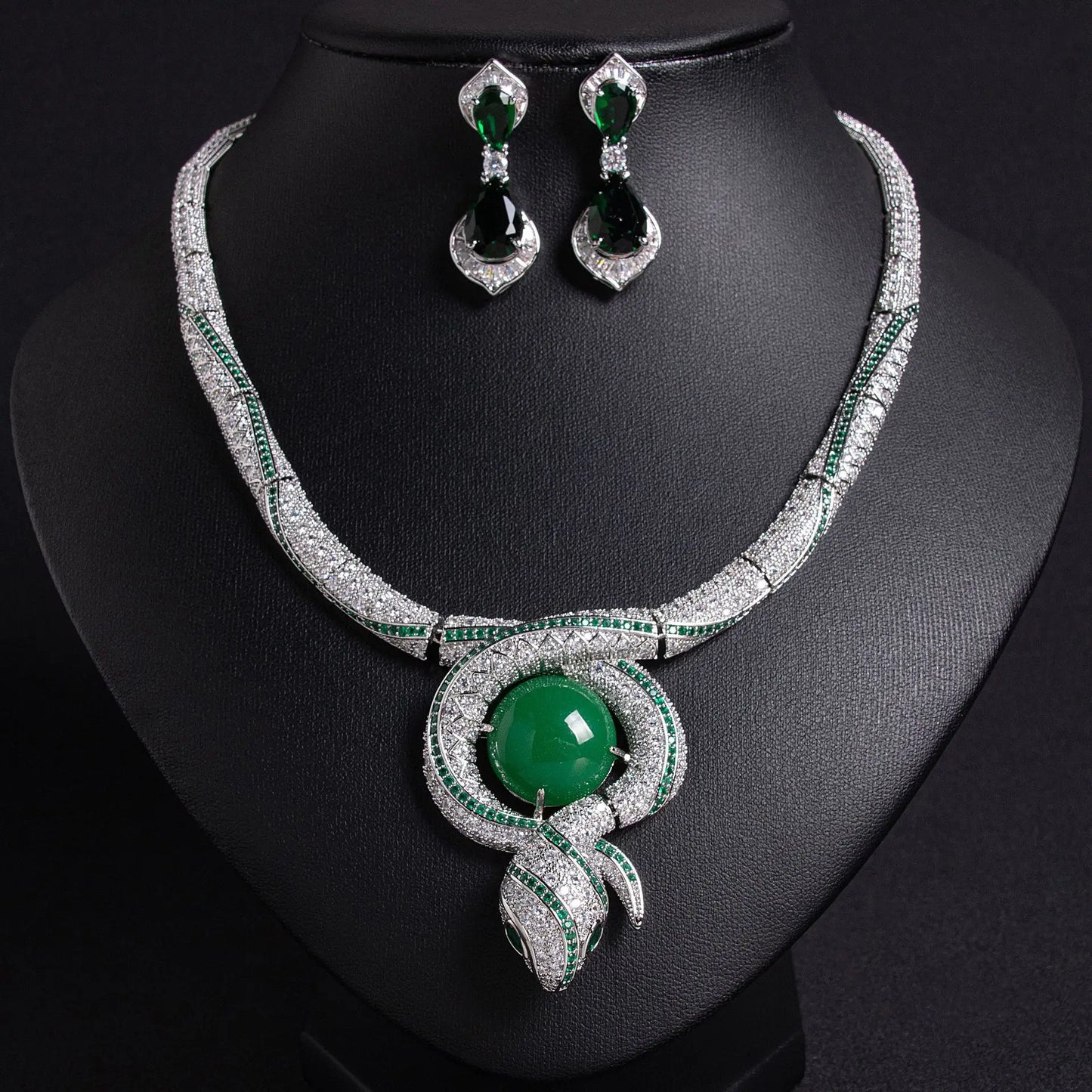 Luxury Snake Design Zircon Necklace & Earrings Jewellery Set — Purple, Red, Green & White Pearl