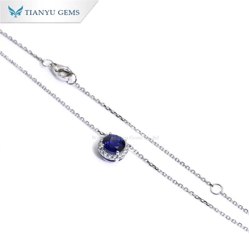 Gemfiori Tianyu Gems Solid Gold Pendant Necklace Ladies 6mm Lab Grown Blue Sapphire 1.2mm VVS Moissanite Choker Pendant Necklace 14K