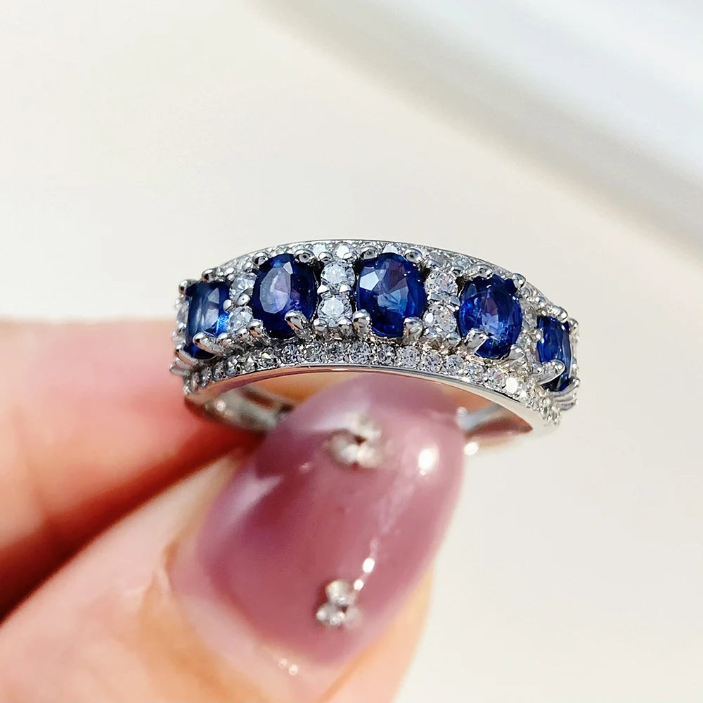 Gioiellieri Blue Sapphire Row Ring with Natural Multi Stone for Women S925 Sterling Silver Fine Jewelry Eternity Cluster Ring Gift Idea Her