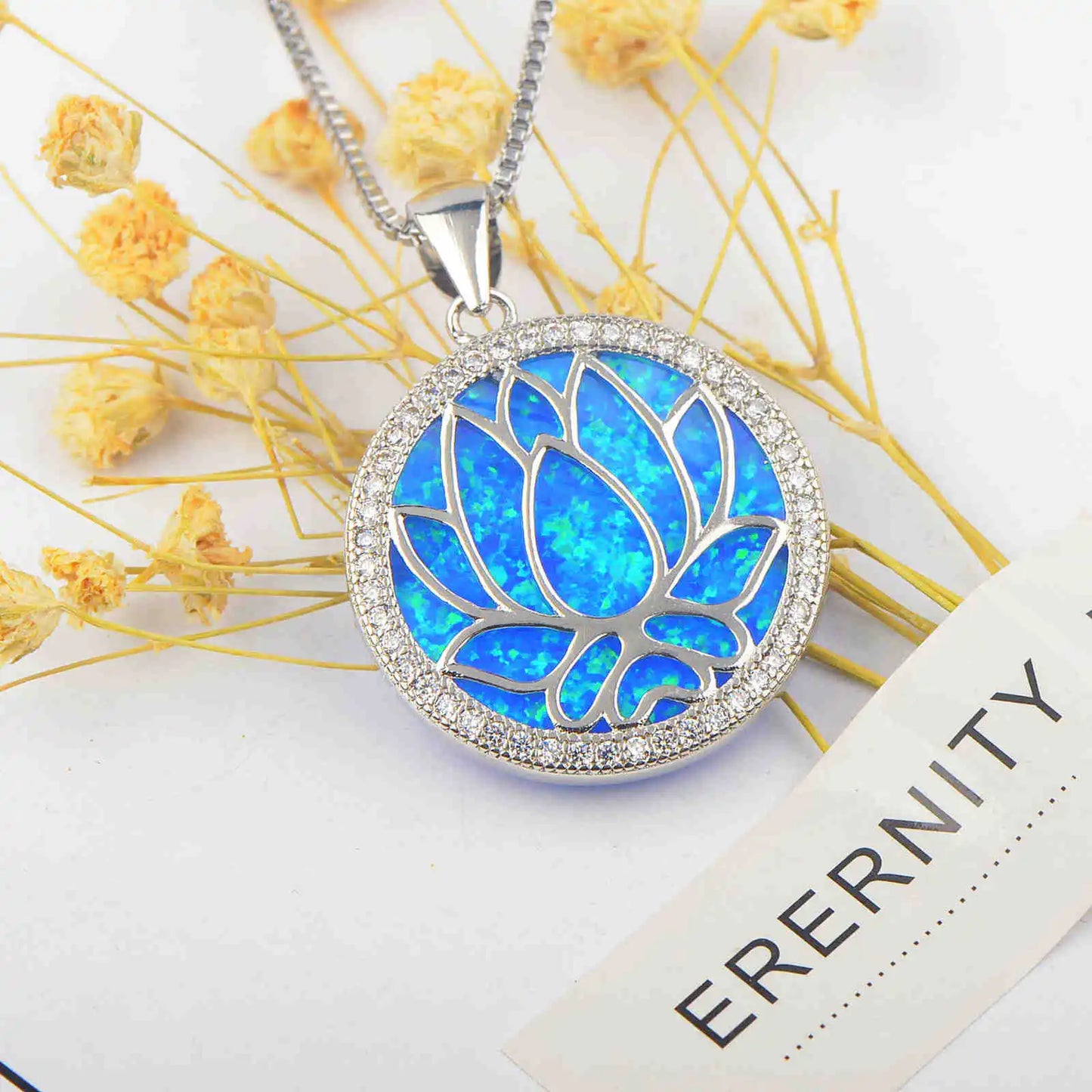 European American Fashion Opal Lotus Pendant Necklace Summer Floral Jewelry Statement Chain