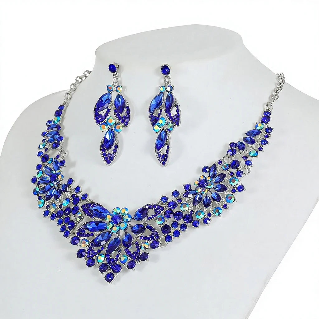 Retro Leaves & Flowers Crystal Necklace & Earrings Set | Exaggerated Luxury Bridal Jewellery | 10 Colours