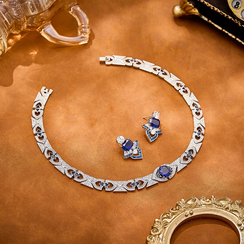 Deep Sea Luxury Cornflower Blue Zircon Brass Necklace Earrings 2-piece Set Sexy Women's Banquet Jewelry Indian Accessories