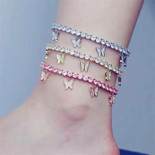 Wholesale Fashion Jewelry Anklet Bracelet Diamond Foot Cuban Link Chain Tennis Butterfly Anklet for Women