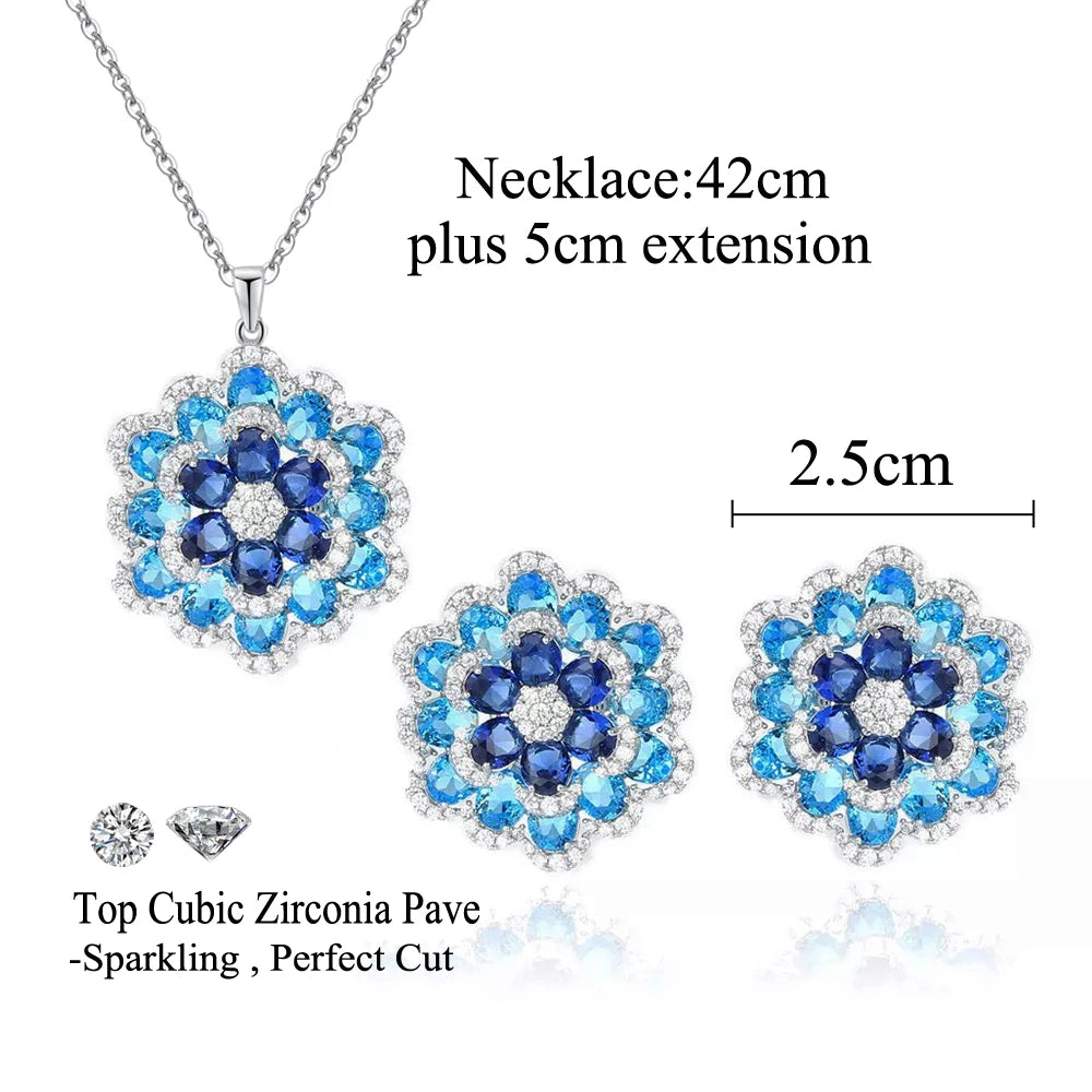 Art Deco Luxury Blue Cubic Zirconia Chunky Flower Shaped Earrings and Pendant Necklace Women Party Jewelry Sets