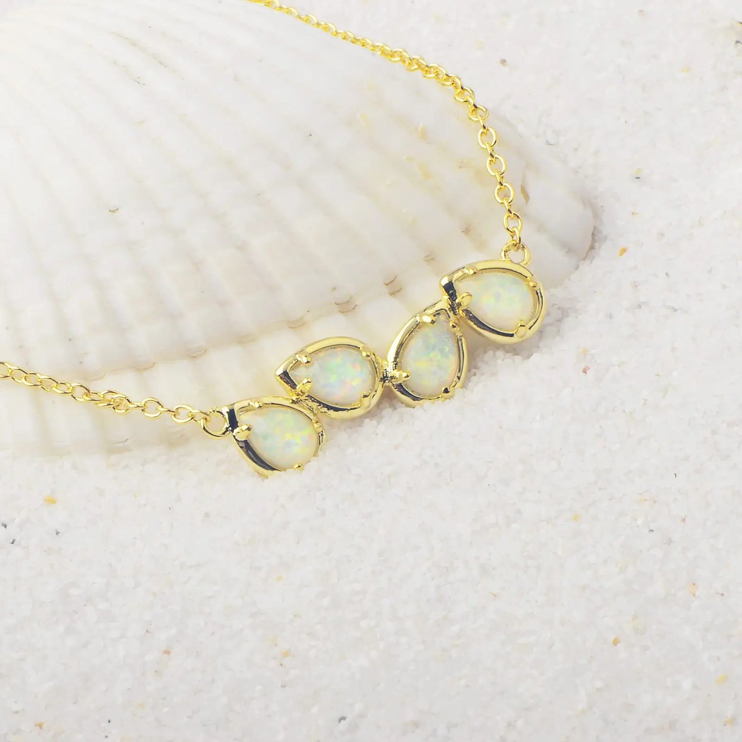 Aobao Christian Gold Plated Copper Alloy Minimalist Water Drop Lab Created Opal Link Chain Sweater Necklace for Women-Gift