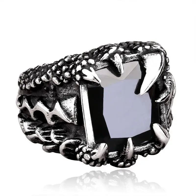 REBEL Fashion Jewelry Vintage Style Red/Black/Blue Zircon Inlaid Dragon Claw Stainless Steel Rings for Men Party Gifts