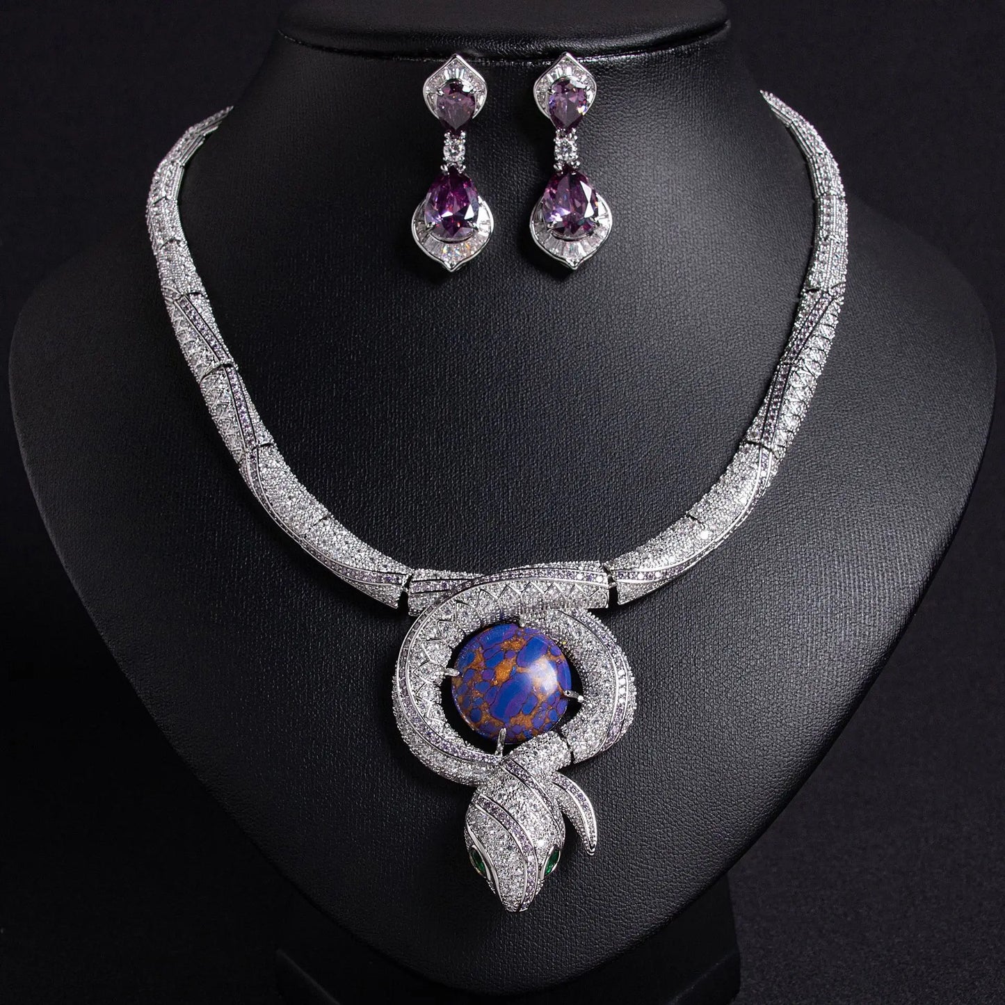Luxury Snake Design Zircon Necklace & Earrings Jewellery Set — Purple, Red, Green & White Pearl
