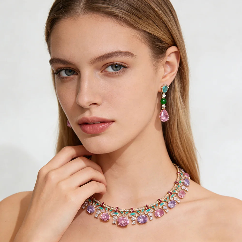 XM S199 Copper Platinum Plated Zircon Enamel Choker Necklace and Drop Earrings Set for Women Wedding Engagement Anniversary