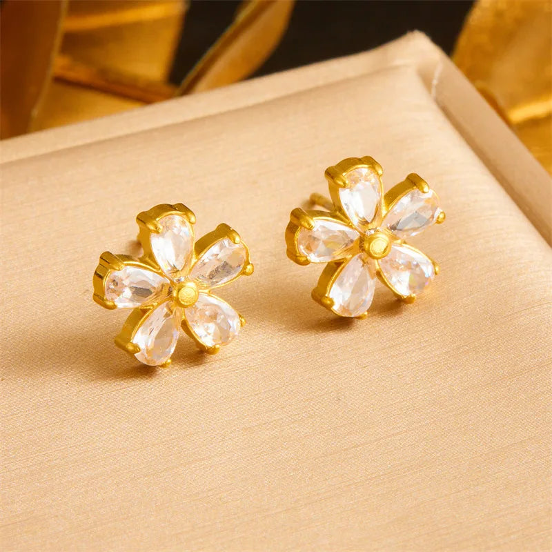 Gold Zircon Flower Necklace, Earrings & Bracelet Jewellery Set | Sparkling Luxury Set
