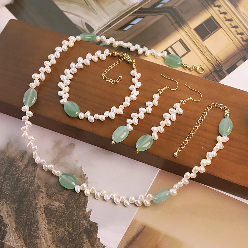 GLSEEVO Natural Freshwater Pearl & Green Stone Bead 3-Piece Jewellery Set — Necklace, Bracelet & Earrings